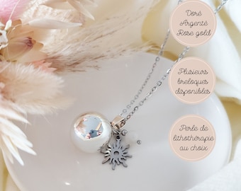 Bola de grossesse bohème argent, rose gold ou or avec breloque soleil et perle en pierre de lune blanche.  Bijou pour future maman