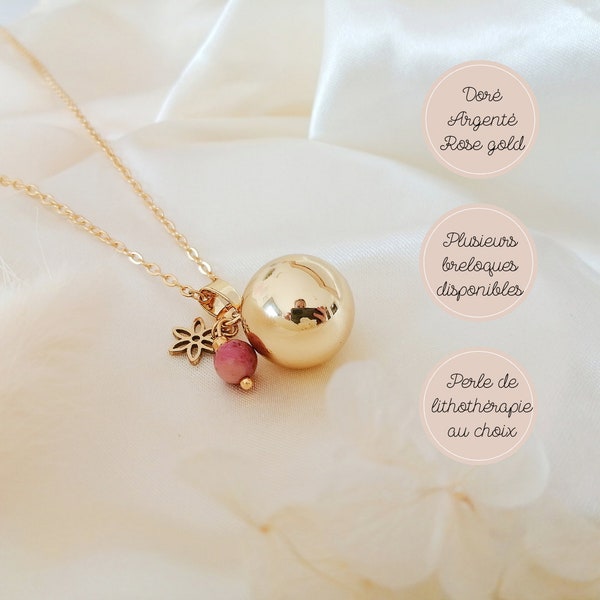 Bola de grossesse doré, argenté ou rose gold avec breloque fleur et perle gemme en rhodonite rouge. Idée cadeau pour future maman