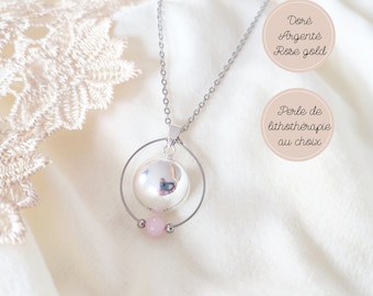 Bola de grossesse argent, rose gold ou or avec et perle de lithothérapie en quartz rose. Cadeau pour future maman. Collier femme enceinte