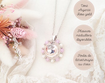 Bola de grossesse lithothérapie argent, or ou or rose, kunzite et nacre breloque lotus. Collier femme enceinte. Cadeau future maman