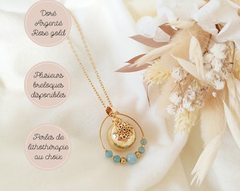 Collier bola or argent ou rose gold, avec perles de lithothérapie et pampille au choix. Cadeau de grossesse pour femme enceinte