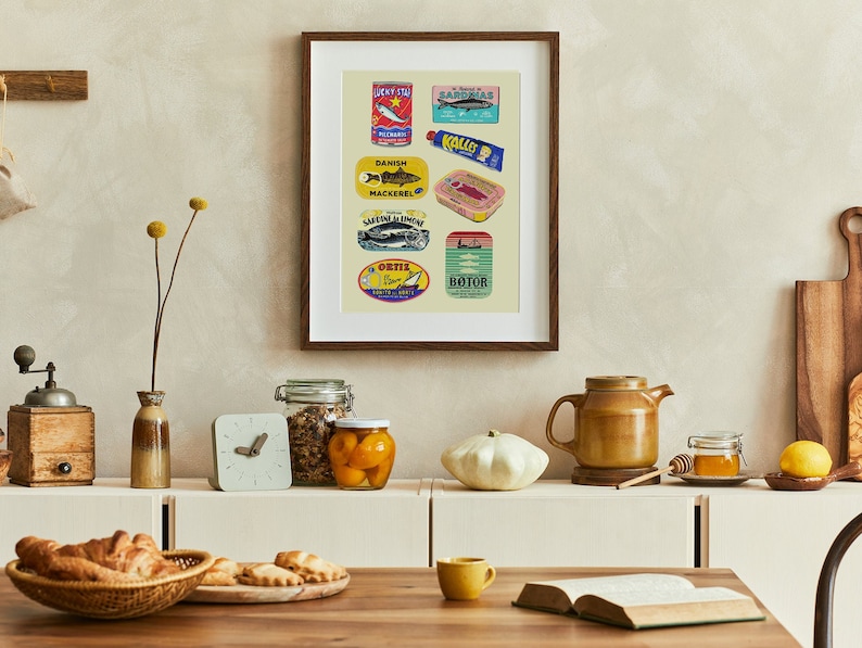 Canned Fish Illustration, Food Poster, Retro Art, Food Illustration, Fish Illustration, Kitchen Prints, Wall Art, Vintage Packaging