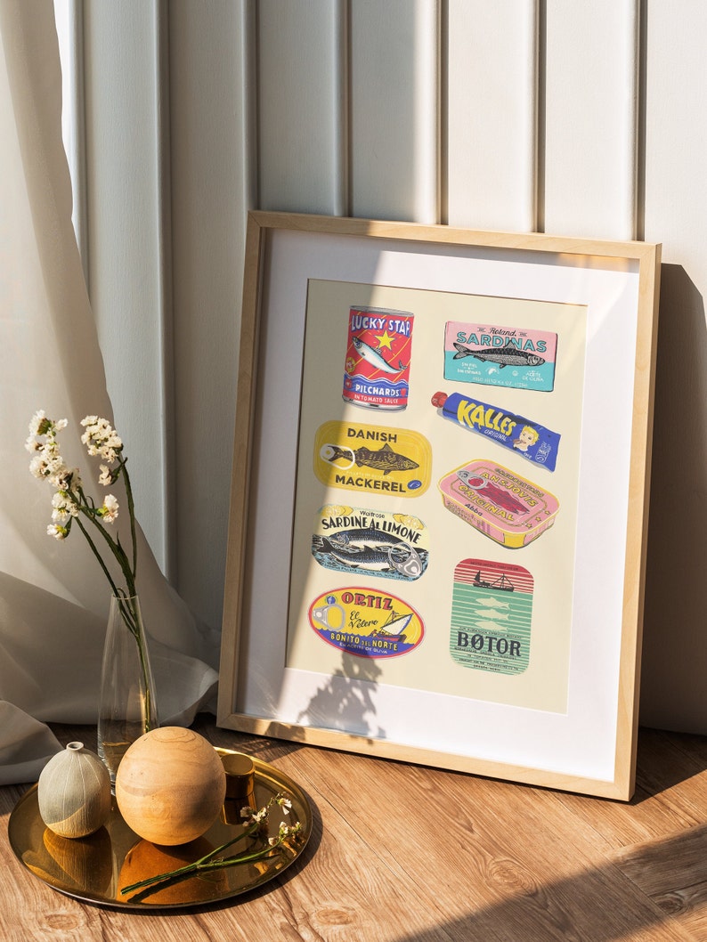 Canned Fish Illustration, Food Poster, Retro Art, Food Illustration, Fish Illustration, Kitchen Prints, Wall Art, Vintage Packaging