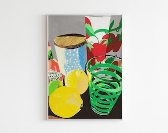 May include: A still life painting featuring a glass, lemons, a jar with a wooden lid, and a bottle of Tabasco sauce. The glass is green with a spiral design. The lemons are yellow and the jar is blue with white polka dots. The background is a grey and white pattern.