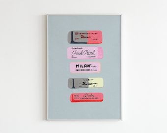 Gummen Art Print | Erasers Collectie | Roze Gummen | Office Wall Art | Office Prints | Thuiswerken