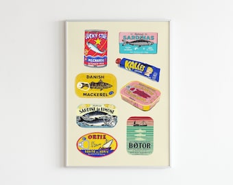 Canned Fish Illustration, Food Poster, Retro Art, Food Illustration, Fish Illustration, Kitchen Prints, Wall Art, Vintage Packaging