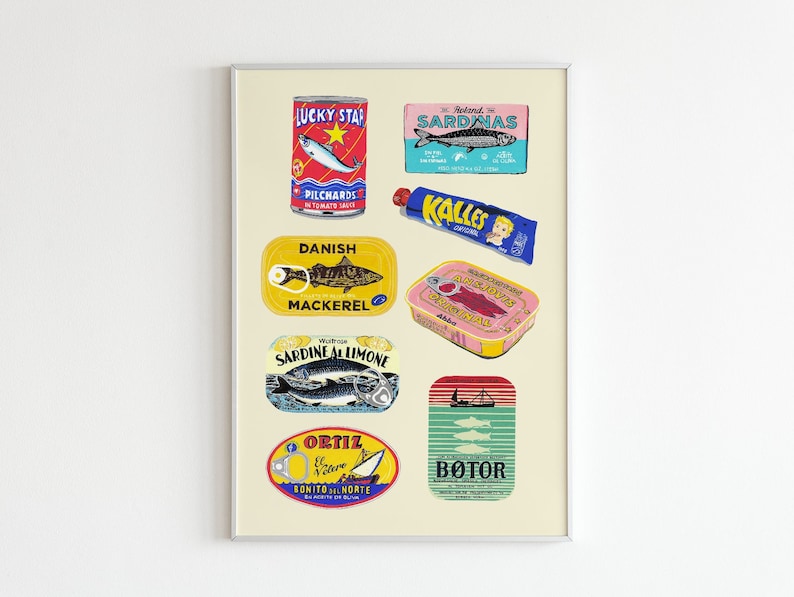 Canned Fish Illustration, Food Poster, Retro Art, Food Illustration, Fish Illustration, Kitchen Prints, Wall Art, Vintage Packaging