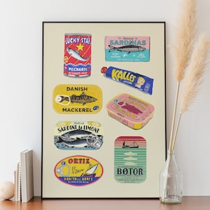 Canned Fish Illustration, Food Poster, Retro Art, Food Illustration, Fish Illustration, Kitchen Prints, Wall Art, Vintage Packaging