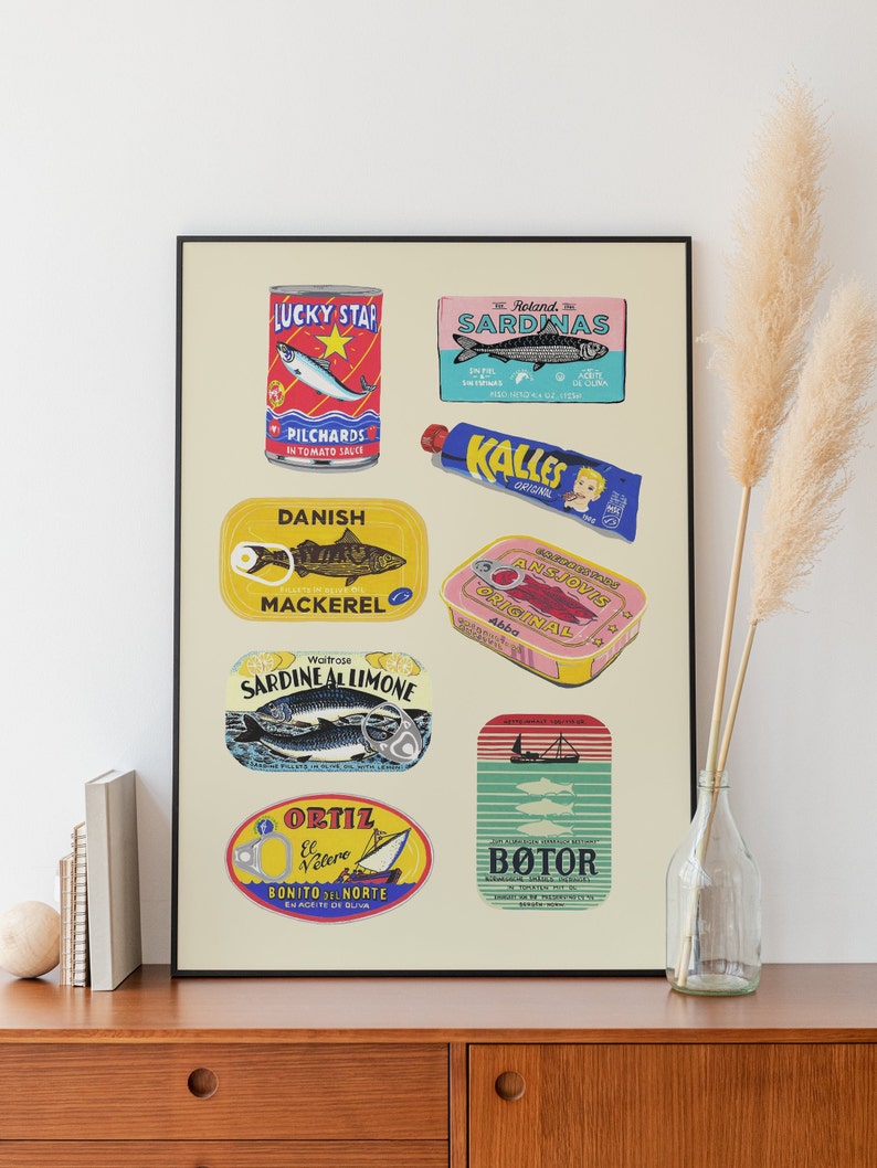 Canned Fish Illustration, Food Poster, Retro Art, Food Illustration, Fish Illustration, Kitchen Prints, Wall Art, Vintage Packaging