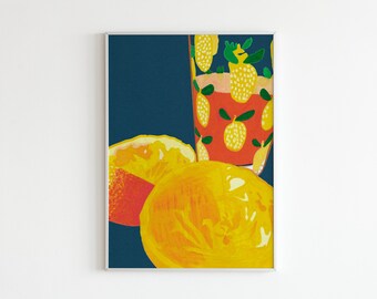 May include: A painting of a glass of orange juice with a pattern of lemons on it, next to two orange slices. The background is a dark blue colour.