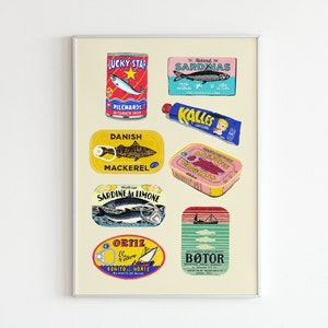 Canned Fish Illustration, Food Poster, Retro Art, Food Illustration, Fish Illustration, Kitchen Prints, Wall Art, Vintage Packaging