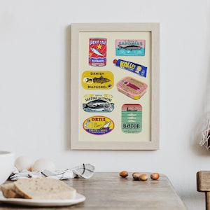 Canned Fish Illustration, Food Poster, Retro Art, Food Illustration, Fish Illustration, Kitchen Prints, Wall Art, Vintage Packaging