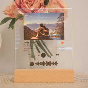May include: A clear acrylic photo frame with a wooden base. The frame features a photo of a couple in a scenic landscape. The frame also includes a music player design with the song title "Every Breath You Take" by The Police, a play button, and a heart icon.