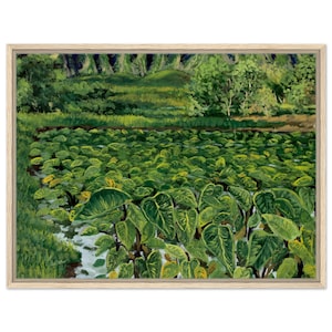 May include: A framed landscape painting depicting a lush field of large, heart-shaped green leaves in the foreground, with a small stream winding through the vegetation. In the background, dense green trees and rolling hills are visible under a sky.