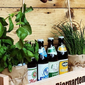 May include: A wooden crate with the word "Biergarten" engraved on the front. The crate contains four bottles of beer, two potted basil plants, and one potted chives plant.