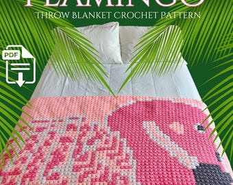 May include: A crochet pattern for a pink flamingo throw blanket. The pattern is available as a PDF download. The blanket is shown on a bed with white sheets and pillows.