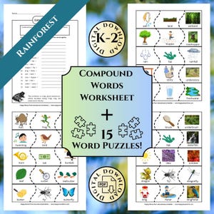 May include: A printable worksheet and 15 word puzzles for kids to learn compound words. The worksheet features a rainforest theme with colorful illustrations of animals and plants. The puzzles are designed to help children learn how to combine two words to create a new word.