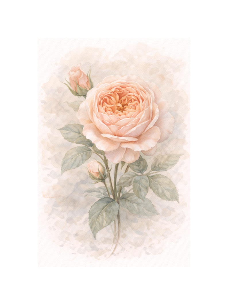 Pu&ograve; includere: Un dipinto ad acquerello di una singola, grande rosa color pesca pallido in piena fioritura, accompagnata da due boccioli di rosa chiusi. Il fiore presenta petali delicati e stratificati, sostenuto da un gambo verde con diverse foglie seghettate.
