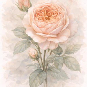 Pu&ograve; includere: Un dipinto ad acquerello raffigurante una grande rosa color pesca pallido in piena fioritura, accompagnata da due boccioli pi&ugrave; piccoli chiusi su uno stelo con diverse foglie verde tenue su uno sfondo sfumato color beige chiaro.