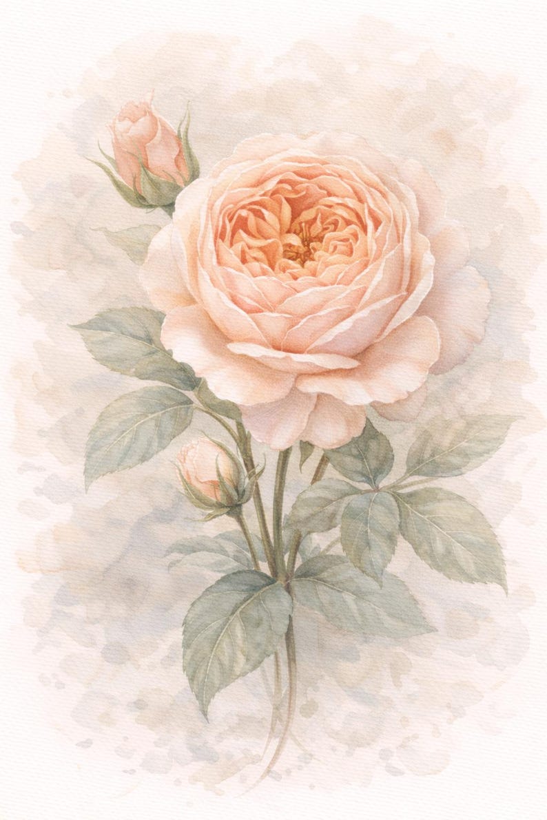 Pu&ograve; includere: Un dipinto ad acquerello raffigurante una grande rosa color pesca pallido in piena fioritura, accompagnata da due boccioli pi&ugrave; piccoli chiusi su uno stelo con diverse foglie verde tenue su uno sfondo sfumato color beige chiaro.