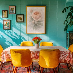 Pu&ograve; includere: Una sala da pranzo con un tavolo rettangolare coperto da una tovaglia a motivi bianchi e arancioni, circondato da quattro sedie gialle imbottite. Una grande stampa incorniciata di una rosa pende su una parete piastrellata color ottanio.