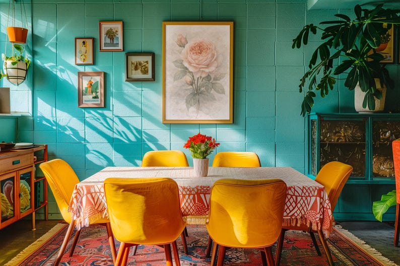 Pu&ograve; includere: Una sala da pranzo con un tavolo rettangolare coperto da una tovaglia a motivi bianchi e arancioni, circondato da quattro sedie gialle imbottite. Una grande stampa incorniciata di una rosa pende su una parete piastrellata color ottanio.