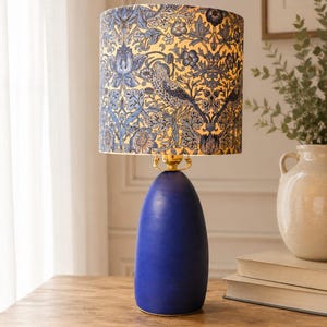 Blue Handmade Pottery Lamp with Hand made Blue William Morris Fabric Shade