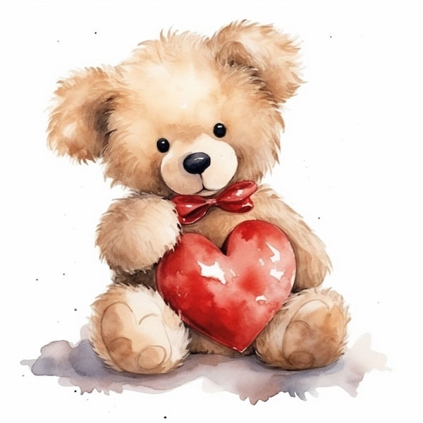 Fluffy Teddy With a Red Heart Clipart 12 High Quality JPGs, Wall Art, Scrapbook, Junk Journals, Digital Planners.