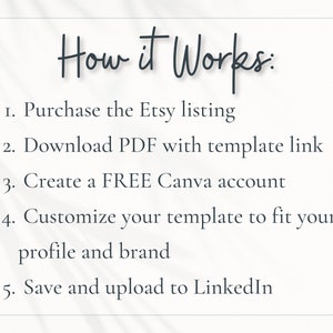 May include: A white background with black text outlining how to use a Canva template to create a LinkedIn profile. The text reads: "How it Works: 1. Purchase the Etsy listing 2. Download PDF with template link 3. Create a FREE Canva account 4. Customize your template to fit your profile and brand 5. Save and upload to LinkedIn"