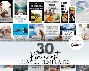 Plantillas de Pinterest de viajes para editar en Canva, pines profesionales para blogueros de viajes, personas influyentes y agentes de viajes