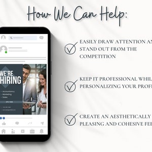 May include: A smartphone screen displaying a social media post with a "We're Hiring" graphic. The graphic is black and gray with white text. The post includes a photo of two people looking at a tablet. The text on the screen reads "Easily draw attention and stand out from the competition", "Keep it professional while personalizing your profile", and "Create an aesthetically pleasing and cohesive feed".