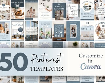 Plantillas azules de Pinterest editables en Canva, plantillas de pines para bloggers de estilo de vida, emprendedores, entrenadores, impulsar el compromiso