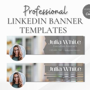 Op de afbeelding: Twee LinkedIn-banner sjablonen met een vrouw met bruin haar en een bril. De banner is grijs met witte tekst die "Julia White, Executive Assistant" luidt. De eerste banner bevat de tekst "+123-456-7890 | reallygreatsite.com". De tweede banner bevat de tekst "hello@reallygreatsite.com".