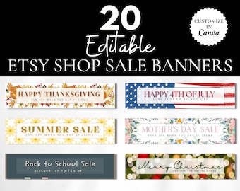 Plantillas de banner de tienda de Etsy editables en Canva, plantillas de venta para vendedores de Etsy, banners navideños personalizables, negocios en venta