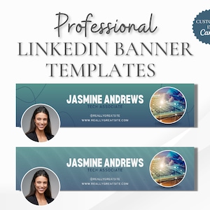 May include: Two rectangular LinkedIn banner templates featuring a teal to blue gradient background with thin line patterns. Each banner includes a circular headshot placeholder, the name Jasmine Andrews, the title Tech Associate, and website text.