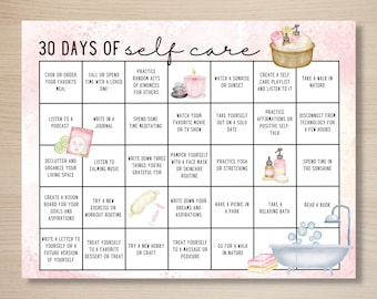 Reto de autocuidado de 30 días, Calendario mensual de autocuidado, Reto de 30 días imprimible, Lista de verificación de autocuidado