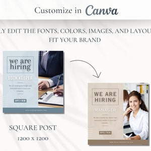 May include: Two social media post templates for hiring a bookkeeper and a manager. Both templates feature a light blue and brown background with white text. The text says "We are hiring" and includes the job title. The templates also include a call to action to apply now.