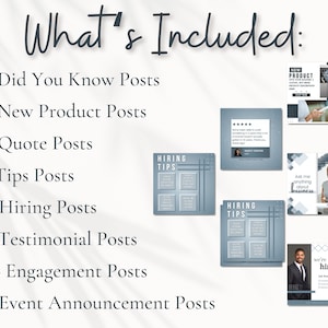 May include: A list of social media post types included in a social media marketing package. The list includes Did You Know Posts, New Product Posts, Quote Posts, Tips Posts, Hiring Posts, Testimonial Posts, Engagement Posts, and Event Announcement Posts. The image also shows examples of the different types of posts.