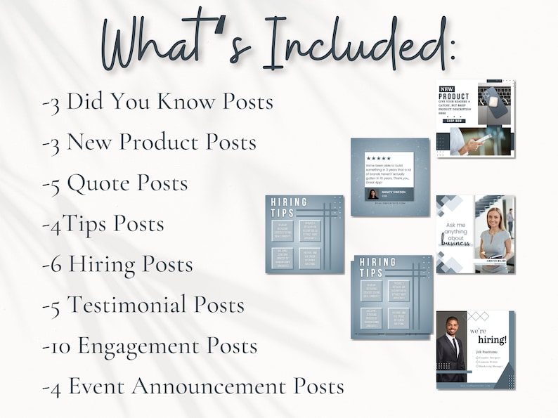 May include: A list of social media post types included in a social media marketing package. The list includes Did You Know Posts, New Product Posts, Quote Posts, Tips Posts, Hiring Posts, Testimonial Posts, Engagement Posts, and Event Announcement Posts. The image also shows examples of the different types of posts.