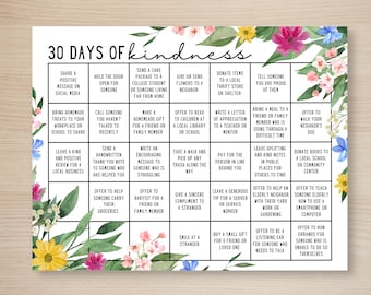Desafío de 30 días de bondad, Desafío de 30 días imprimible, Tratar a las personas con amabilidad, Desafío mensual, Actividad de verano