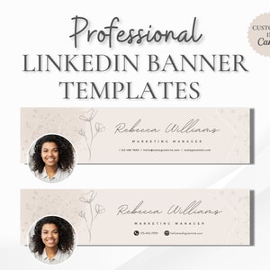 May include: Two LinkedIn banner templates with a beige background and a floral design. The templates feature a space for a profile picture and include the text "Rebecca Williams, Marketing Manager".
