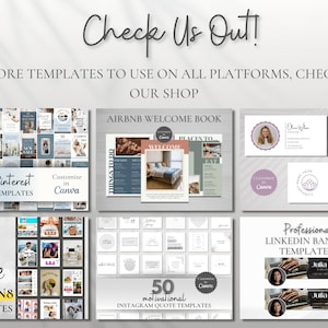 May include: A collage of digital templates for social media and business use. The templates are customizable in Canva and include designs for Pinterest, Lemon8, Instagram, Airbnb welcome books, email signatures, and LinkedIn banners.