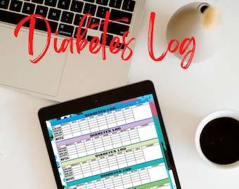May include: A digital tablet displaying a printable diabetes log with colorful backgrounds. The log includes sections for blood sugar, meals, activity, and notes. The tablet is on a white surface with a cup of coffee and a pen.
