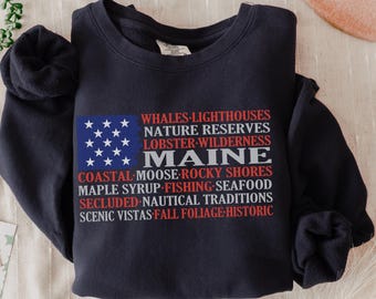 Felpa con bandiera del Maine, maglietta per gli amanti del Maine, attrazioni del Maine, felpa girocollo leggera unisex