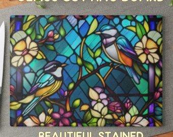 Glass Cutting Board with Stained Glass Bird and Floral Design, Tempered Kitchen Decor, Unique Housewarming Gift for Bird Lovers