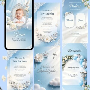 Puede incluir: Un conjunto de plantillas digitales para invitaciones de bautizo con fondo de cielo azul claro, nubes blancas, detalles de encaje y rosas blancas. Los diseños incluyen un marco para fotos con un bebé y campos de texto para los datos del evento.