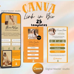 以下が含まれることがあります： 「CANVA Link in Bio 25 templates」というテキストが入ったデジタルマーケティンググラフィック。画像には、ソーシャルメディアのプロフィールを表示するスマートフォンと、オレンジと白の2つの追加のプロファイルテンプレートが写っています。