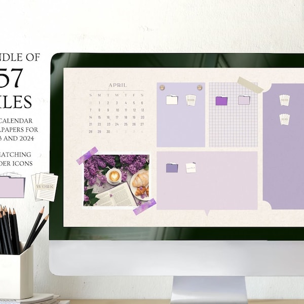 Hint of Lilac Desktop Organizer Wallpaper & Matching Folder Icons | 2023 + 2024 Calendar Aesthetic Computer Background | Pretty Theme Laptop
