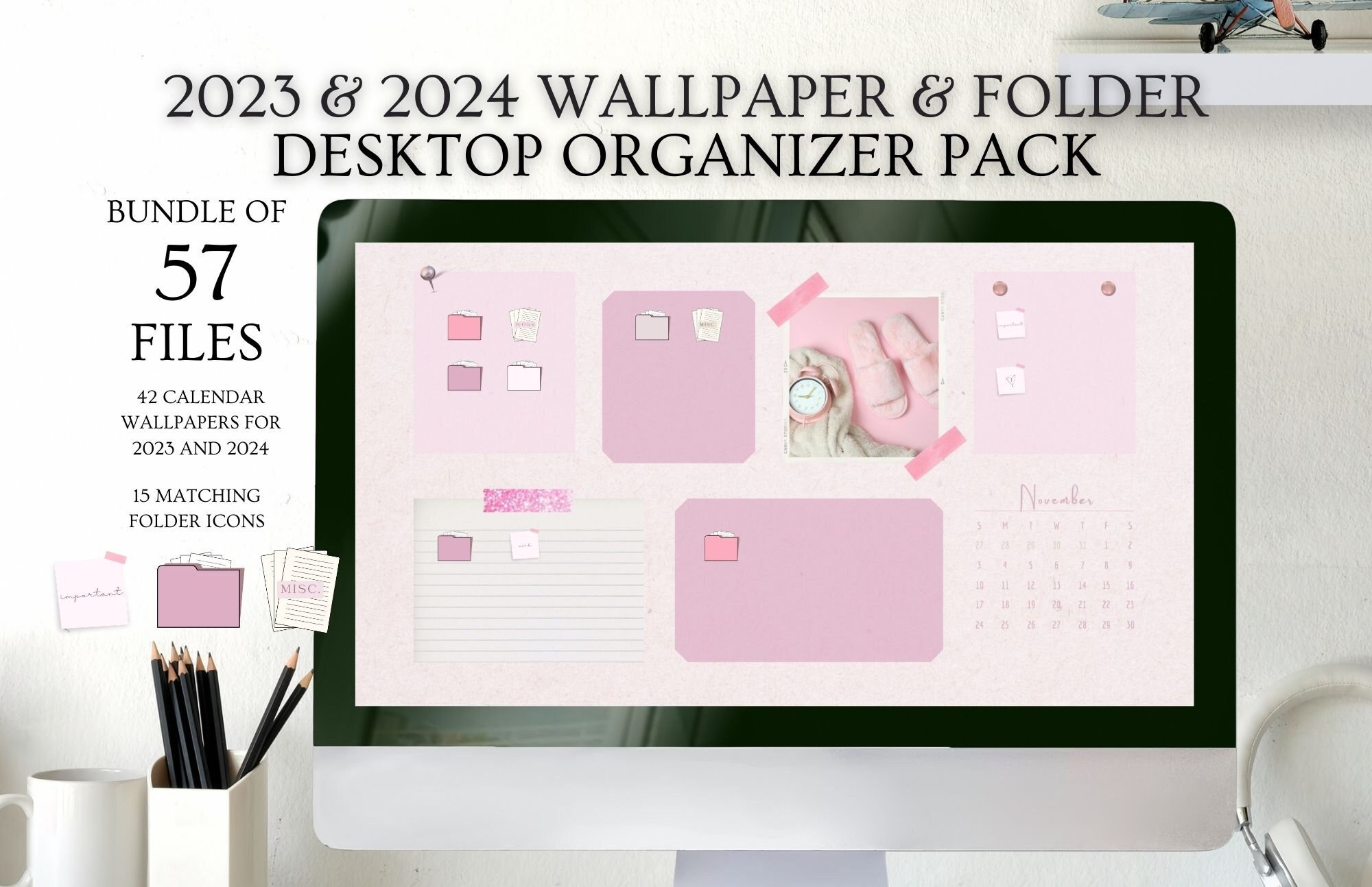 Perfectly Pink Desktop Organization Wallpaper, Matching Folders 2023 ...