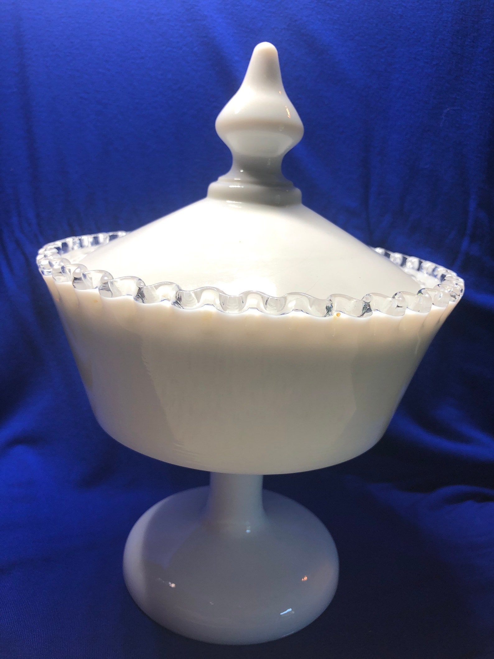 Vintage Fenton Milk Glass Ruffle Edge Candy Dish with Lid Etsy